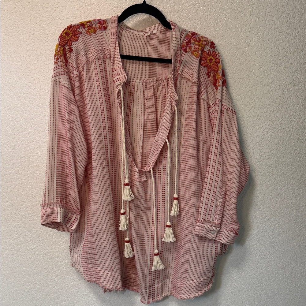 Johnny Was Pink Embroidered Top with Tassels
